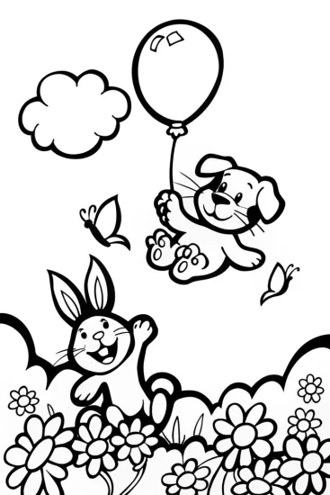 A coloring page of Springtime Balloon Adventure with Cat and Dog