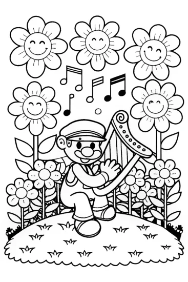 A coloring page of Mario’s Enchanted Music Garden Coloring Page