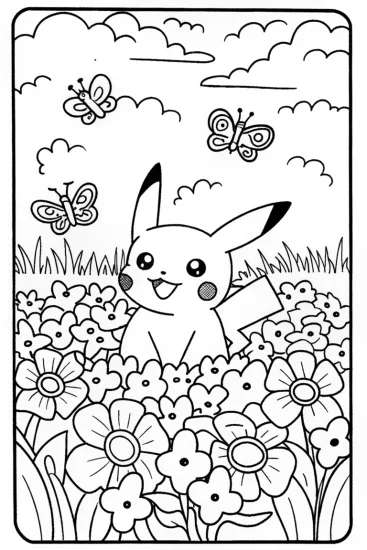 A coloring page of Pikachu’s Flower Power Adventure Coloring Page