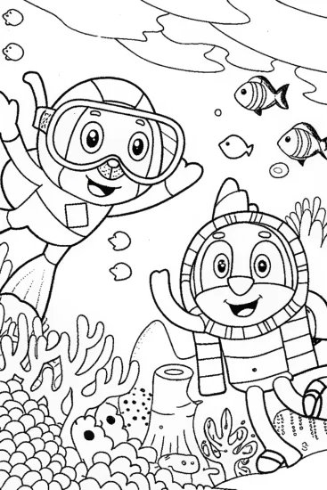 A coloring page of Bluey and Bingo’s Ocean Exploration Coloring Page