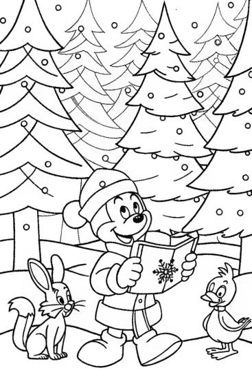 A coloring page of Mickey Mouse’s winter wonderland quest
