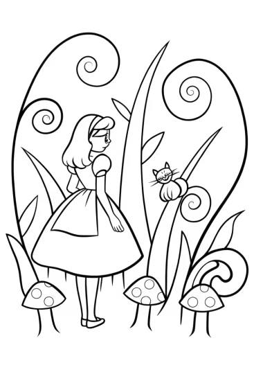 A coloring page of Alice’s Enchanted Forest Adventure Coloring Page
