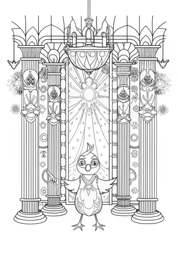 A coloring page of Chick’s Grand Adventure in the Enchanted Castle