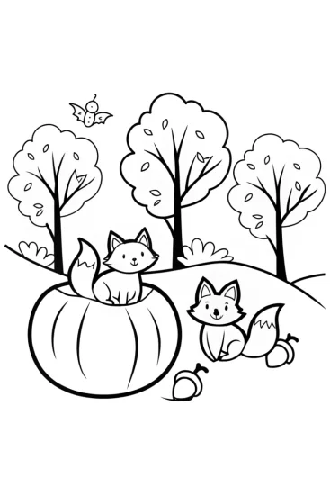 A coloring page of Playful Foxes in a Pumpkin Patch Coloring Page