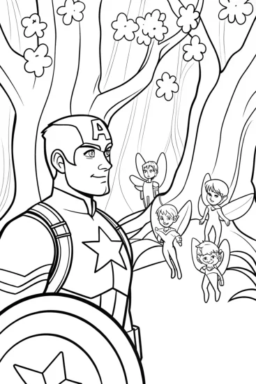 A coloring page of Captain America’s Adventure in the Enchanted Forest