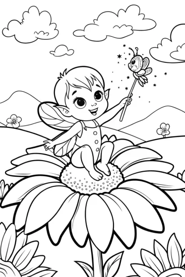 A coloring page of The Baby Fairy in the Flower Kingdom Coloring Page