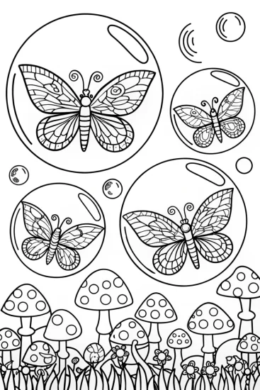 A coloring page of Butterflies in the Bubble Garden Coloring Page