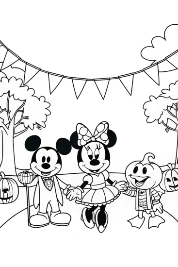 A coloring page of Mickey and Minnie Halloween Costume Coloring Page