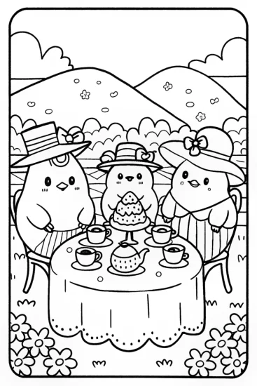 A coloring page of Chickens in a Cozy Tea Party Coloring Page