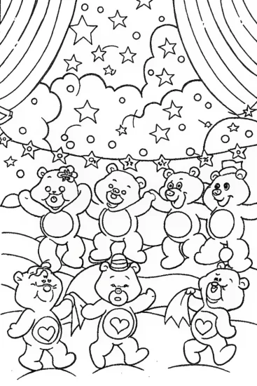 A coloring page of Care Bears’ Friendship Dance Party Coloring Page