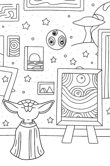 A coloring page of Baby Yoda’s Galactic Art Gallery Coloring Page