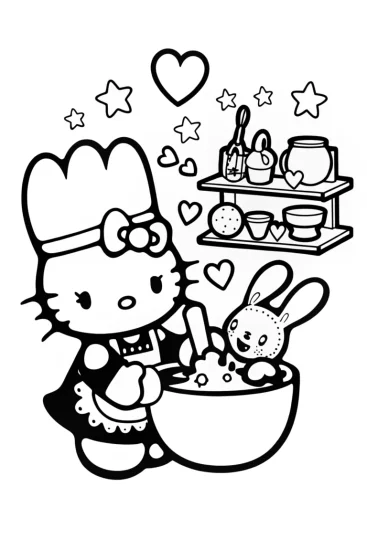 A coloring page of Hello Kitty’s Enchanted Bakery Adventure Coloring Page