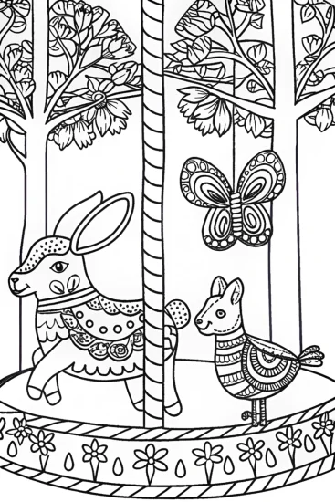 A coloring page of The Enchanted Spring Carousel Coloring Page