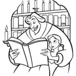 Belle and The Beast in the Enchanted Library Coloring Page