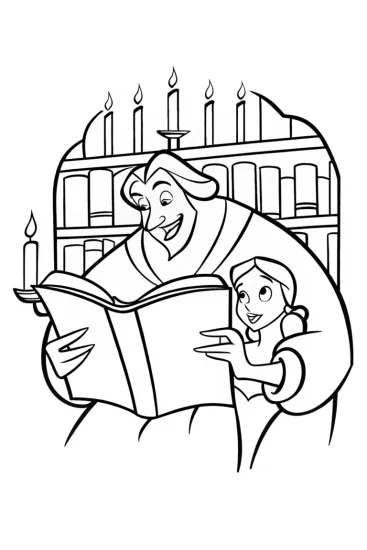 A coloring page of Belle and The Beast in the Enchanted Library Coloring Page