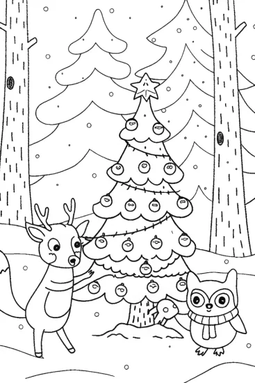 A coloring page of Forest Animals Christmas Coloring Page