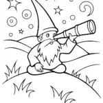 Gnome Stargazing with Fireflies Coloring Page