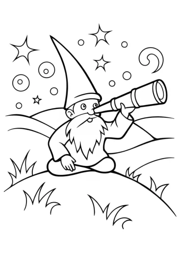 A coloring page of Gnome Stargazing with Fireflies Coloring Page