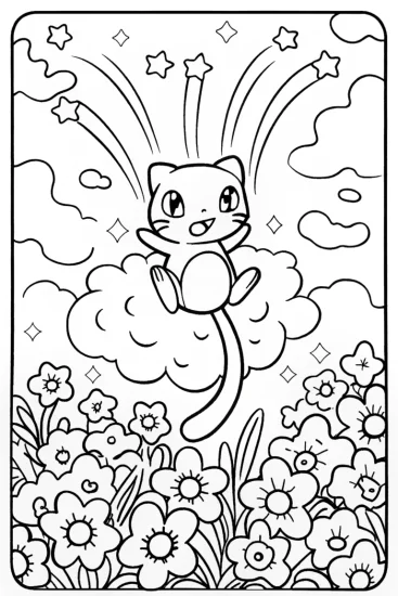 A coloring page of Mew and the Magical Floating Garden Coloring Page