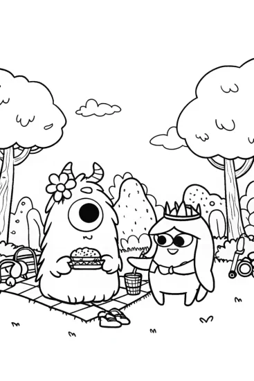 A coloring page of Monster Family Picnic Coloring Page