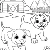 Playful Puppies on the Farm Coloring Page