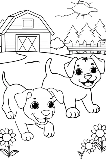 A coloring page of Playful Puppies on the Farm Coloring Page