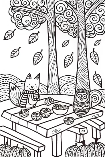 A coloring page of Fox and Owl Autumn Picnic Coloring Page