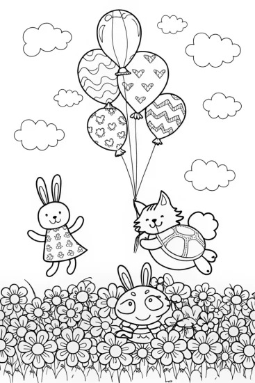 A coloring page of Springtime Balloon Adventure Coloring Page