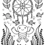 Axolotl’s Underwater Dreamcatcher Adventure Coloring Page