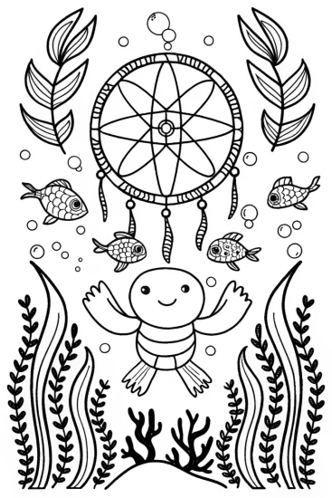 A coloring page of Axolotl’s Underwater Dreamcatcher Adventure Coloring Page