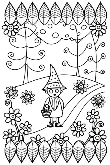 A coloring page of Gnome’s Grand Botanical Adventure Coloring Page