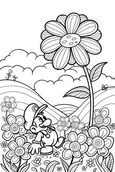 A coloring page of Mario’s Magical Garden Adventure Coloring Page