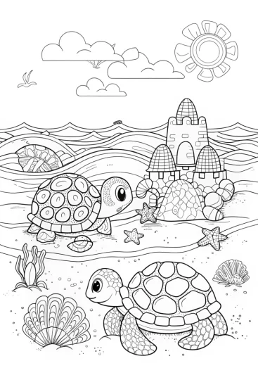A coloring page of The Happy Turtle Family Beach Coloring Page