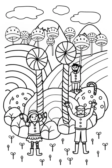 A coloring page of Rainbow High Students in a Candyland Coloring Page