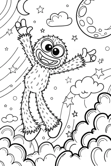 A coloring page of Huggy Wuggy’s Magical Night Sky Adventure Coloring Page