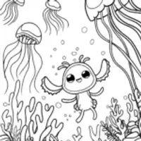 Axolotl Adventurer in a Jellyfish Forest Coloring Page
