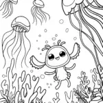 Axolotl Adventurer in a Jellyfish Forest Coloring Page