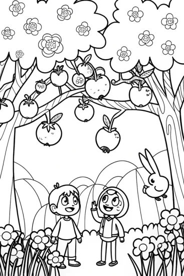 A coloring page of Springtime Adventure in the Enchanted Orchard Coloring Page