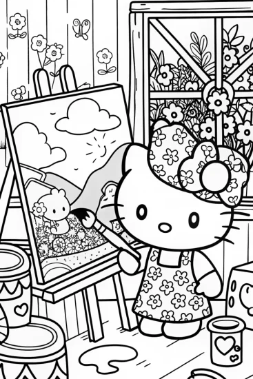 A coloring page of Hello Kitty’s Magical Art Studio Coloring Page