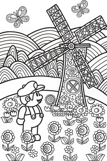 A coloring page of Mario’s Whimsical Windmill Adventure Coloring Page