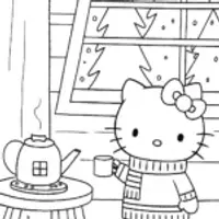 Hello Kitty’s Cozy Winter Cabin Coloring Page