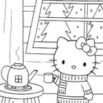 Hello Kitty’s Cozy Winter Cabin Coloring Page