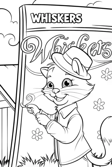A coloring page of Whiskers the Cat’s Artistic Adventure Coloring Page