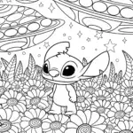 Stitch’s vibrant garden journey coloring page
