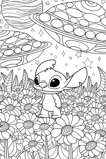 A coloring page of Stitch’s vibrant garden journey coloring page