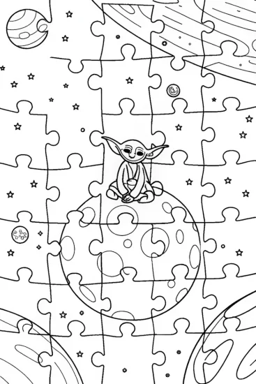 A coloring page of Baby Yoda’s Cosmic Puzzle Play Coloring Page