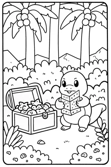 A coloring page of Charmander’s Treasure Hunt Coloring Page