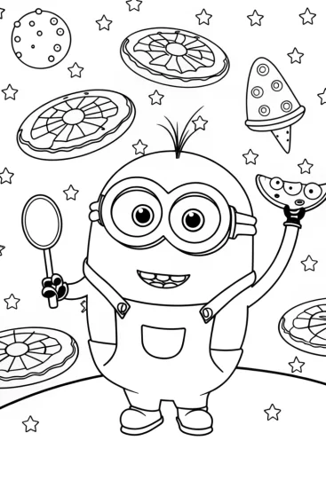 A coloring page of Minion’s Galactic Pizza Party Coloring Page