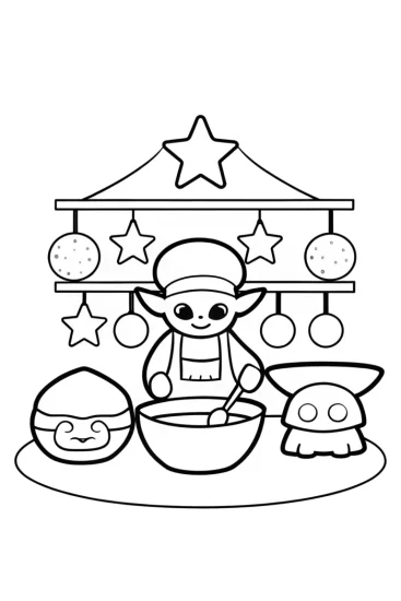 A coloring page of Baby Yoda’s Cosmic Bakery Coloring Page