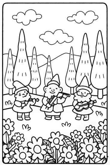 A coloring page of Gnome Garden Orchestra Coloring Page